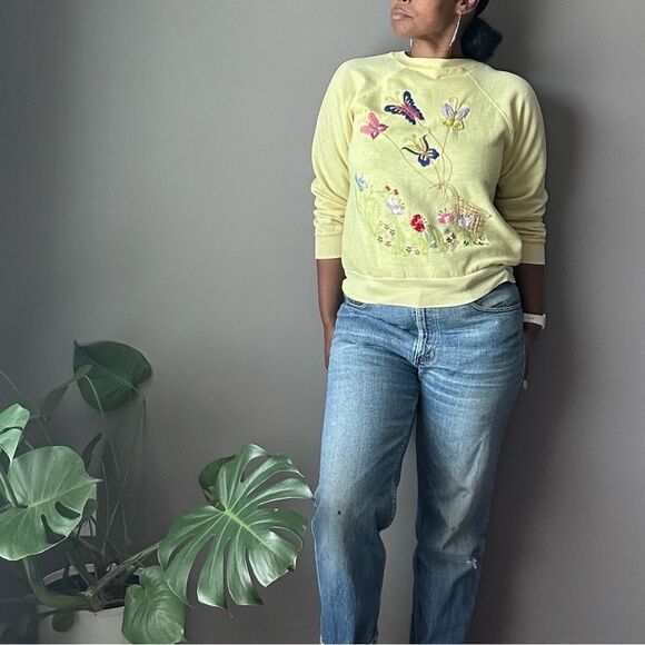 Vintage Tops - Vintage Sweatshirt with Butterfly Embroidery Women’s Size‎ Medium Yellow
